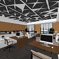 Public Office Space with Geometric Ceiling Wooden Walls Workstations and Natural Light 3d model
