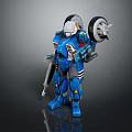 Blue Robot Character Wearing White Helmet With Back Wheels And Weapon