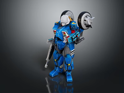Blue Robot Character Wearing White Helmet With Back Wheels And Weapon 3d model