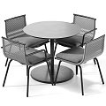 Round Wooden Table And Four Woven Chairs Set With Black Metal Frames And Gray Cushions