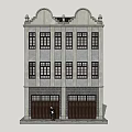Traditional Commercial Complex With Two Story Gray Facade Arched Details And Wooden Doors