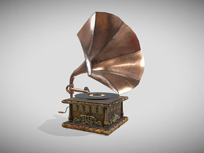 Vintage Electronic Gramophone With Brass Horn Decorative Base And Vinyl Record 3d model