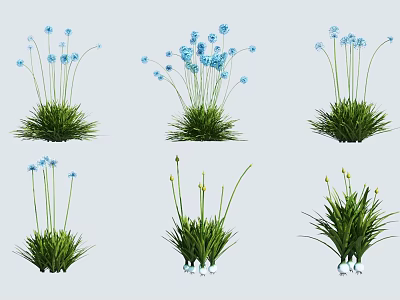 Green Grass with Blue Flowers in Different Clusters and Natural Shapes 3d model
