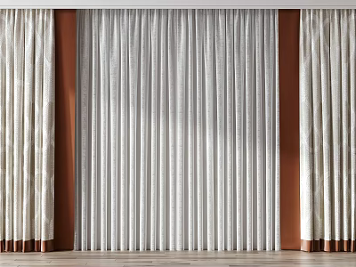 Soft White Floor Length Curtains With Pleated Design And Brown Wall Background 3d model