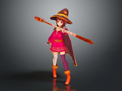 Fantasy Witch Character In Red Cloak With Pointed Hat Magic Staff And Orange Boots 3d model