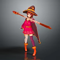 Fantasy Witch Character In Red Cloak With Pointed Hat Magic Staff And Orange Boots