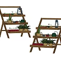 Wooden Multi Tiered Plant Shelf with Potted Plants Lantern and Watering Can for Home Decor