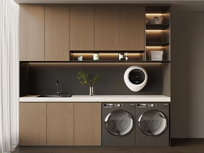 Modern Laundry Room With Two Washing Machines Wooden Cabinets Small Sink And Green Plant 3d model
