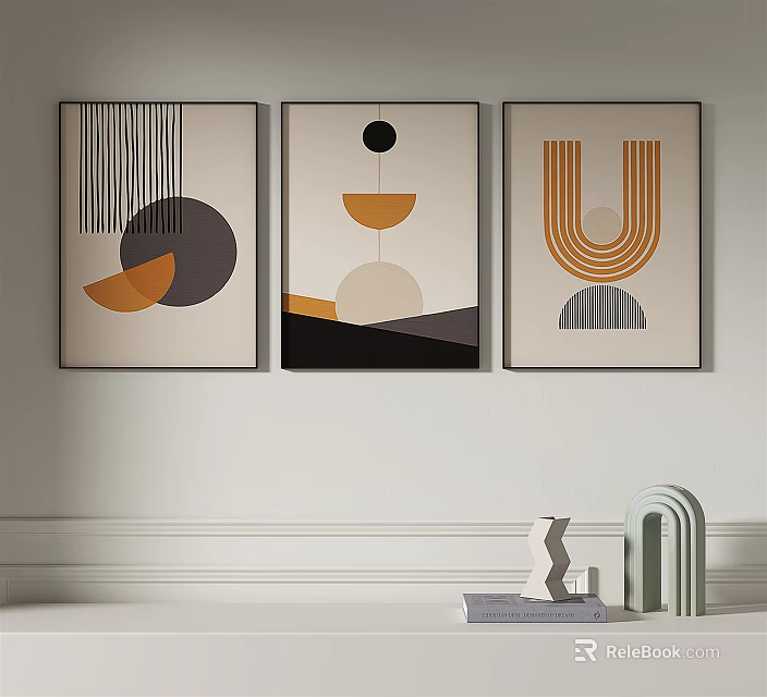Abstract Wall Art Three Framed Prints with Geometric Shapes on Wall and Decorative Objects 3d model