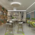 Modern Break Room Interior Design With Tables Chairs Plants Windows And Wooden Shelves