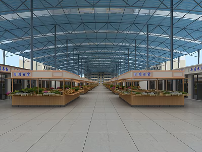 Supermarket Department Store Interior Featuring Blue Roof Spacious Layout And Organized Vegetable Fruit Stalls 3d model