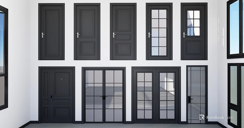 Modern Black Hinged Doors With Various Glass Panel Designs For Home 3d model
