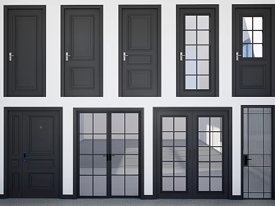 Modern Black Hinged Doors With Various Glass Panel Designs For Home 3d model
