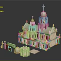 Ancient Church Style Architecture Model With Pink Exterior Green Roofs Domes Towers And Crosses