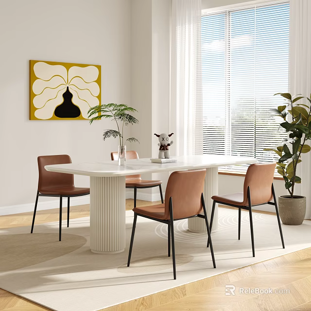Modern Indoor Dining Table Set With Brown Chairs Tabletop Decor Wall Art And Plants 3d model 