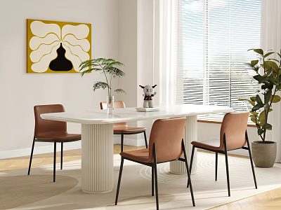 Modern Indoor Dining Table Set With Brown Chairs Tabletop Decor Wall Art And Plants 3d model