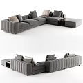 Modern L Shaped Gray Fabric Sectional Sofa With Multiple Cushions And Ottoman 3d model