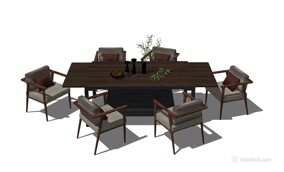Modern Wooden Dining Table Set With Grey Cushioned Chairs And Green Plant Decor 3d model 