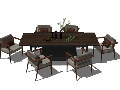 Modern Wooden Dining Table Set With Grey Cushioned Chairs And Green Plant Decor 3d model