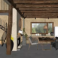 Rustic Interior Design With Wooden Beams Fireplace Dining Table And Green View Window 3d model