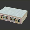 Single Story Building Exterior with White Grid Patterned Roof and Front Windows Doors