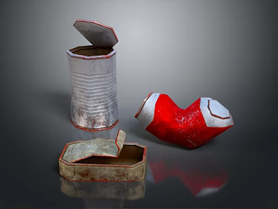 Household Metal Containers Featuring Open Tin Can And Curved Red Canister 3d model