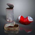 Household Metal Containers Featuring Open Tin Can And Curved Red Canister