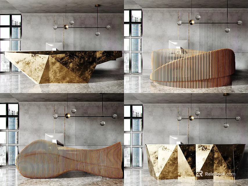 Modern Stylish Reception Desk With Geometric Golden And Curved Wooden Designs And Pendant Lights 3d model 