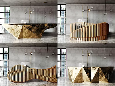 Modern Stylish Reception Desk With Geometric Golden And Curved Wooden Designs And Pendant Lights 3d model