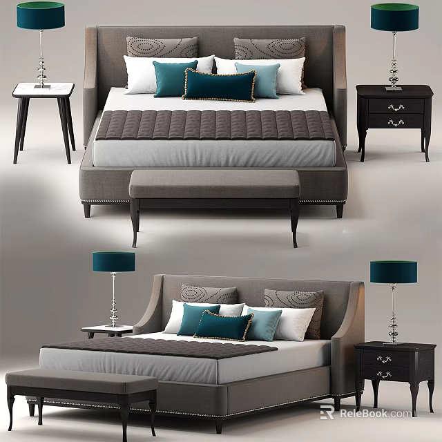 Modern Double Bed with Blue White Pillows Nightstands Table Lamps and Bed Bench 3d model