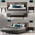 Modern Double Bed with Blue White Pillows Nightstands Table Lamps and Bed Bench 3d model
