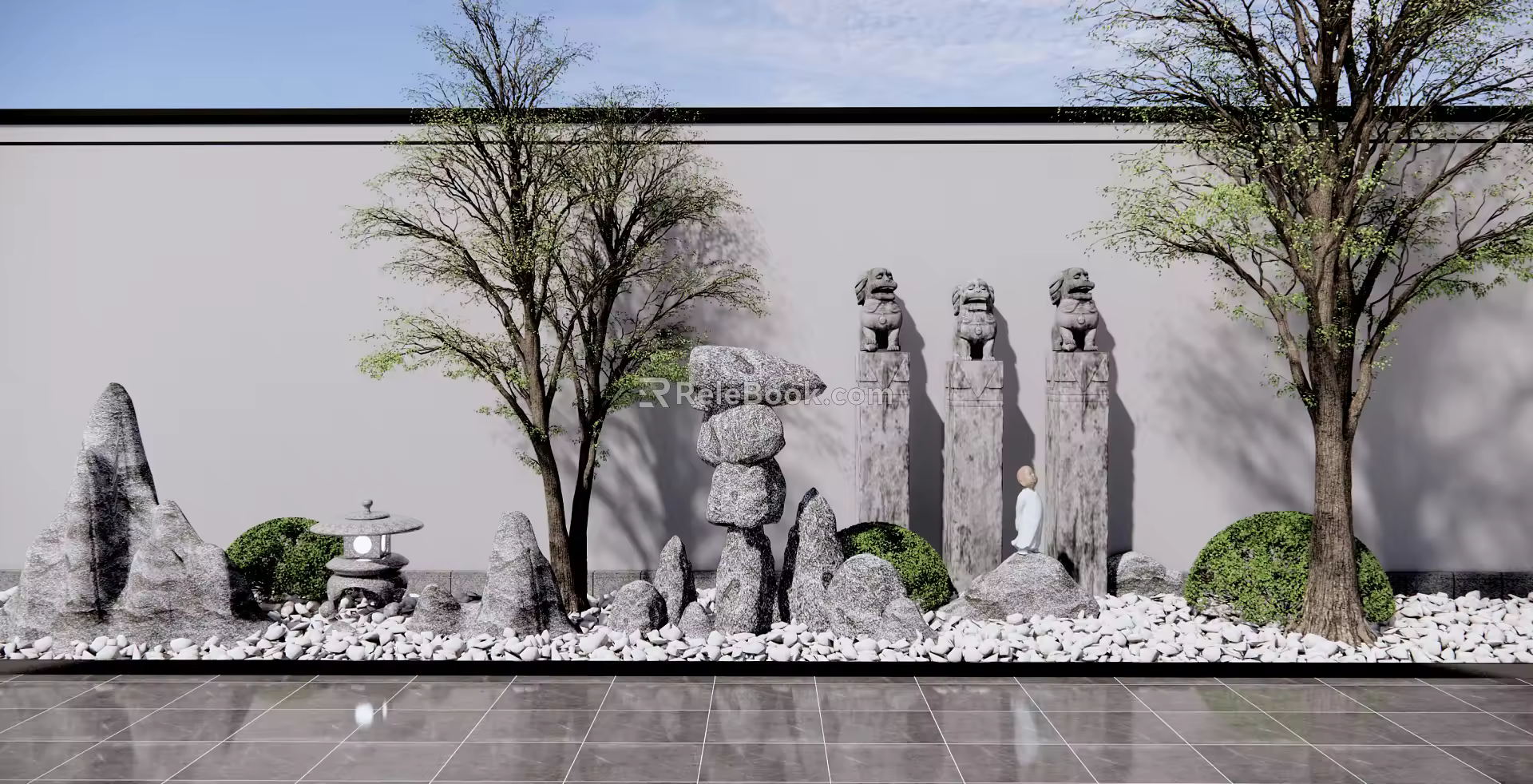 New Chinese style landscape sketch stone landscape tree 3d model