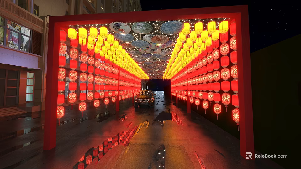 Enchanting Garden Landscape With Red Framed Passage Yellow Lanterns Decorative Lights And Night Reflections 3d model 