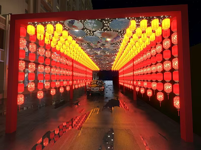 Enchanting Garden Landscape With Red Framed Passage Yellow Lanterns Decorative Lights And Night Reflections 3d model