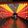 Enchanting Garden Landscape With Red Framed Passage Yellow Lanterns Decorative Lights And Night Reflections