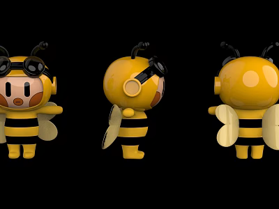 Bee Themed Stuffed Doll With Yellow Black Stripes Goggles And Wings In Three Poses 3d model