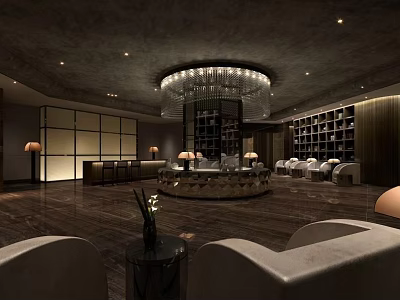 Elegant Hotel Lobby Interior With Crystal Chandelier Wooden Floor Sofa Seating And Bookshelves 3d model