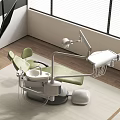 Modern Dental Treatment Chair With Green Seat And Medical Instruments In Clinic