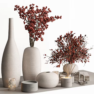 Minimalist Decorative Ornament Set With White Textured Vases Red Floral Stems Candles And Stacked Boxes 3d model