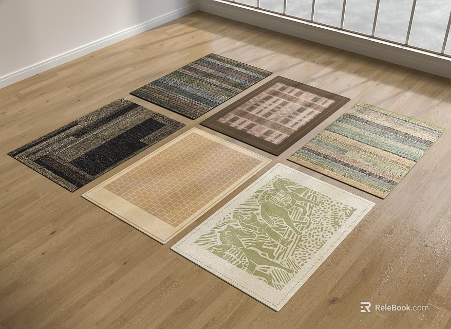 Various Colored Square Rugs with Different Patterns on Wooden Floor for Home Decor 3d model 