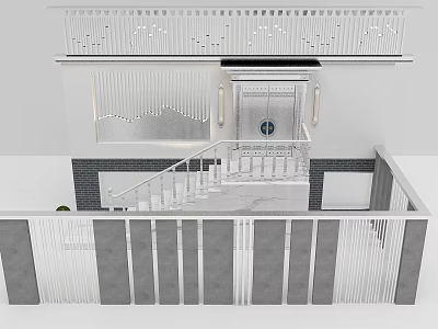 Modern Entrance Gate Design With Staircase And Decorative Railing Elements 3d model