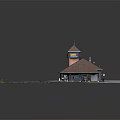 Cartoon Scene of Train Station Platform with Railway Tracks Clock Tower and Vehicles