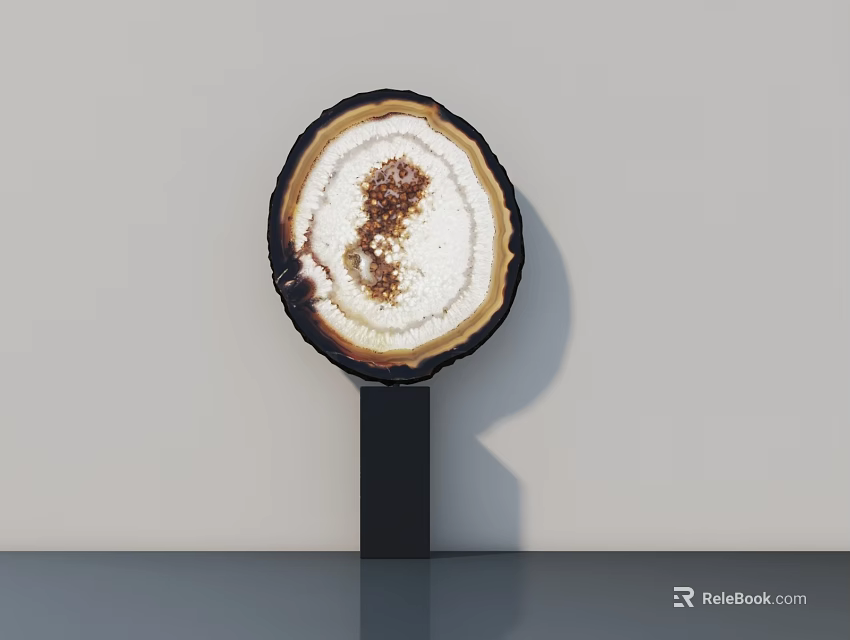 Circular Stone Slice Sculpture With White Brown Texture And Black Base On Gray Surface 3d model