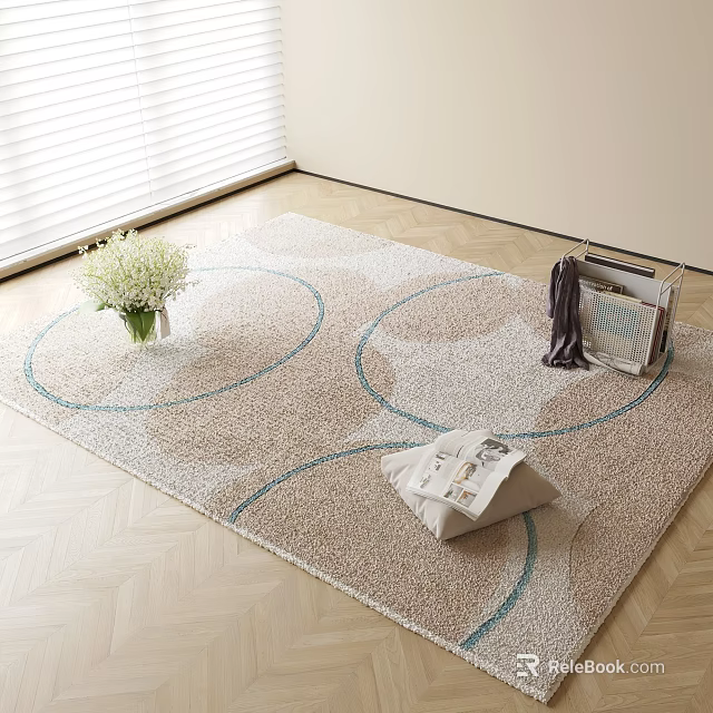 Square Beige Rug With Blue Circular Patterns On Wooden Floor Featuring White Flower Bouquet Magazines 3d model 