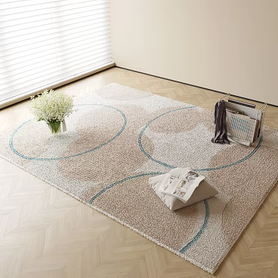 Square Beige Rug With Blue Circular Patterns On Wooden Floor Featuring White Flower Bouquet Magazines 3d model