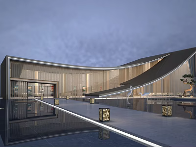 Modern Curved Sales Office Building With Reflective Pool And Evening Sky 3d model