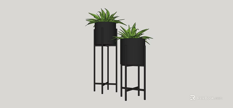 Modern Decorative Potted Plants With Black Pots And Stands Featuring Green Leaves 3d model 