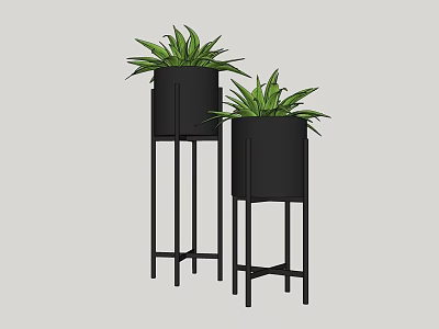 Modern Decorative Potted Plants With Black Pots And Stands Featuring Green Leaves 3d model