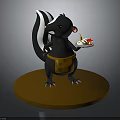 3D Skunk Character Model Standing On Brown Base Holding Plate With Food And Orange Apron