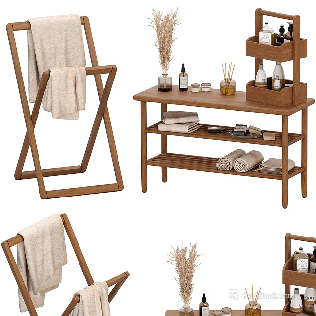 Practical Wooden Bathroom Storage For Living Essentials With Towel Racks And Scented Bottles 3d model 